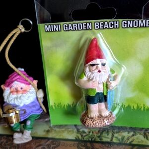 Vtg Keepsake 1987 Gnome with Lantern Tree Ornament&New Mini Garden Beach Gnome